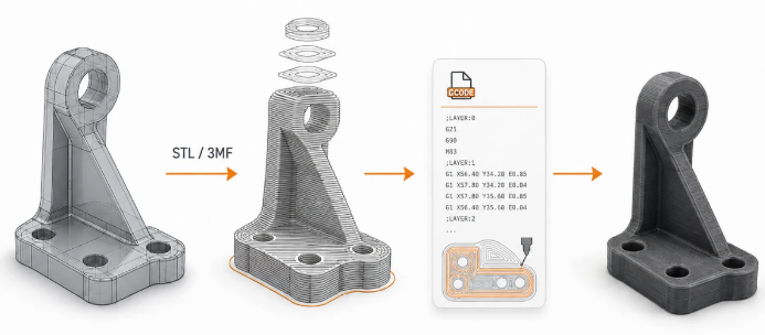 Etapas de fabricação de um suporte: modelo 3D, fatiamento em camadas, código de impressão e peça fabricada